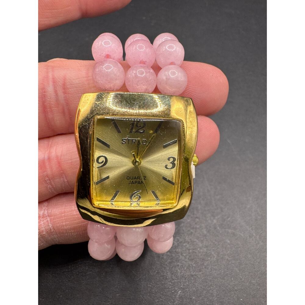 Vtg STRADA 18k Yellow Gold IP Rose Quartz Beaded Stretch Bracelet Band Watch